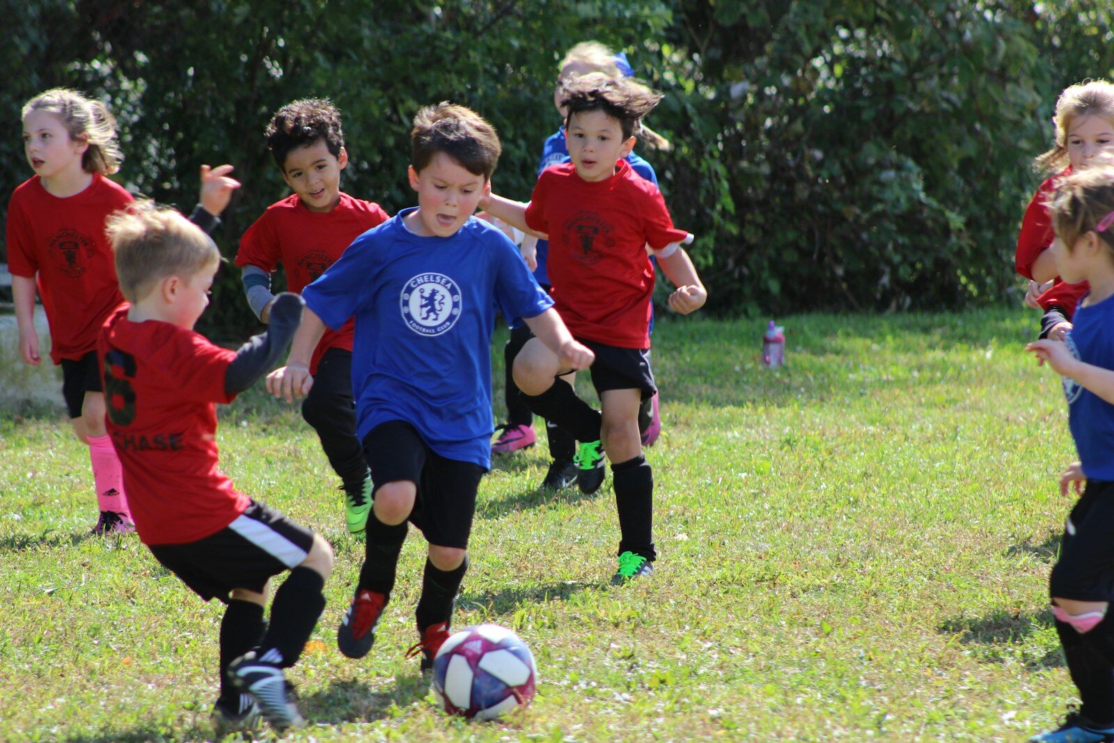 Young soccer players chasing the ball during a game